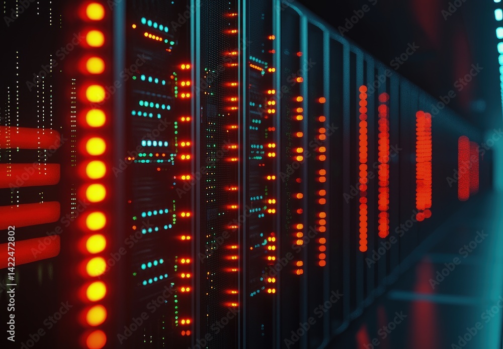 Poster close-up of glowing red and blue server lights in a dark corridor, reflecting digital security and a
