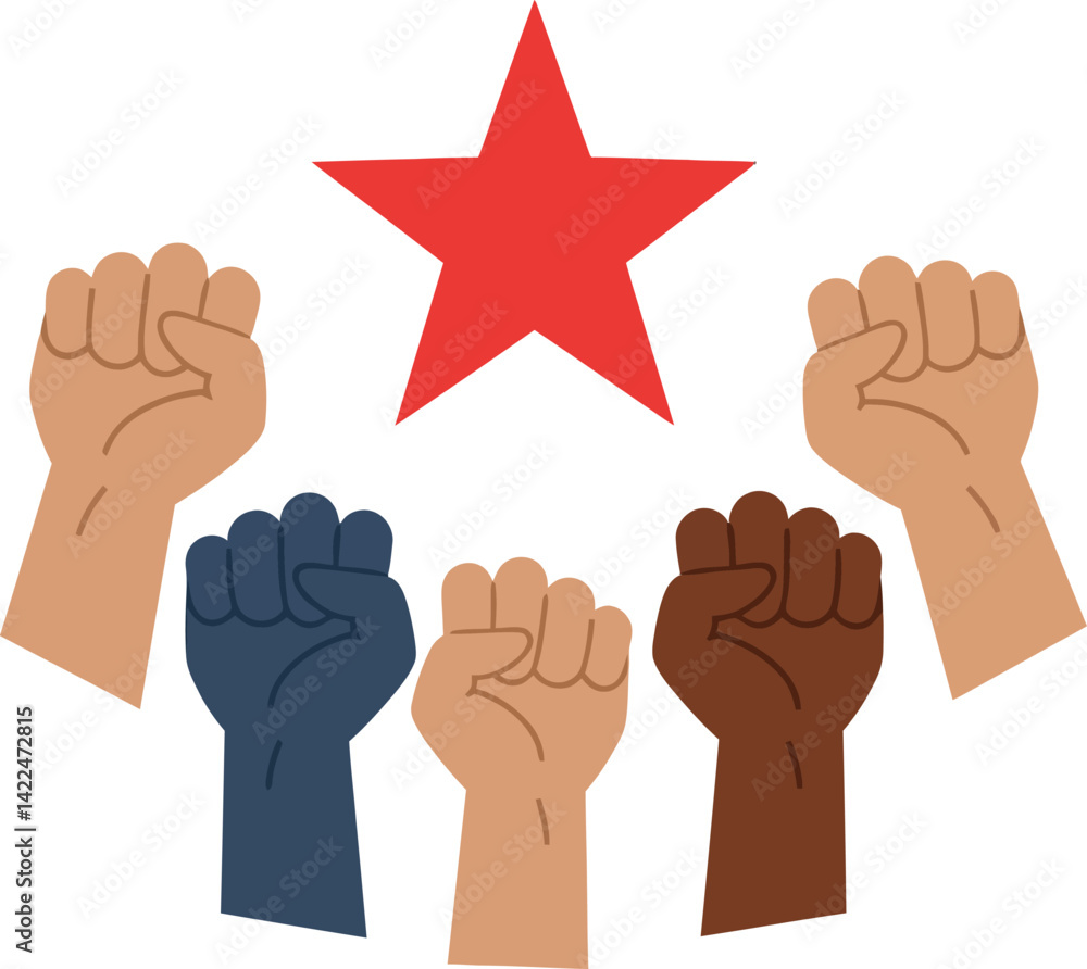 Poster raised fists with red star symbolizing unity and power vector illustration