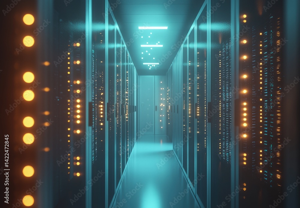 Poster narrow data center aisle with glowing amber and blue server lights, emphasizing security, cloud stor