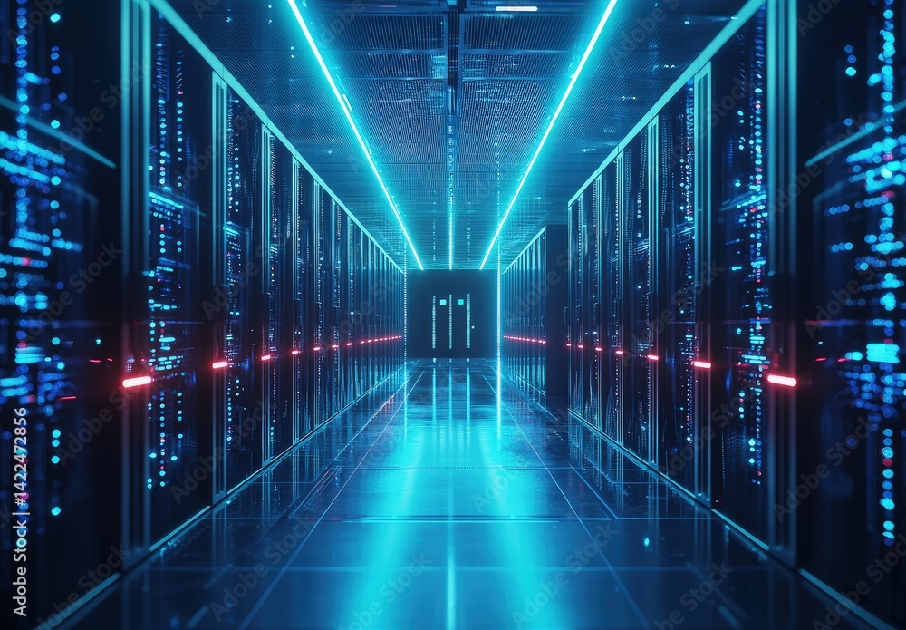 Poster futuristic server hallway with glowing blue and red lights reflected on a glossy floor, symbolizing 
