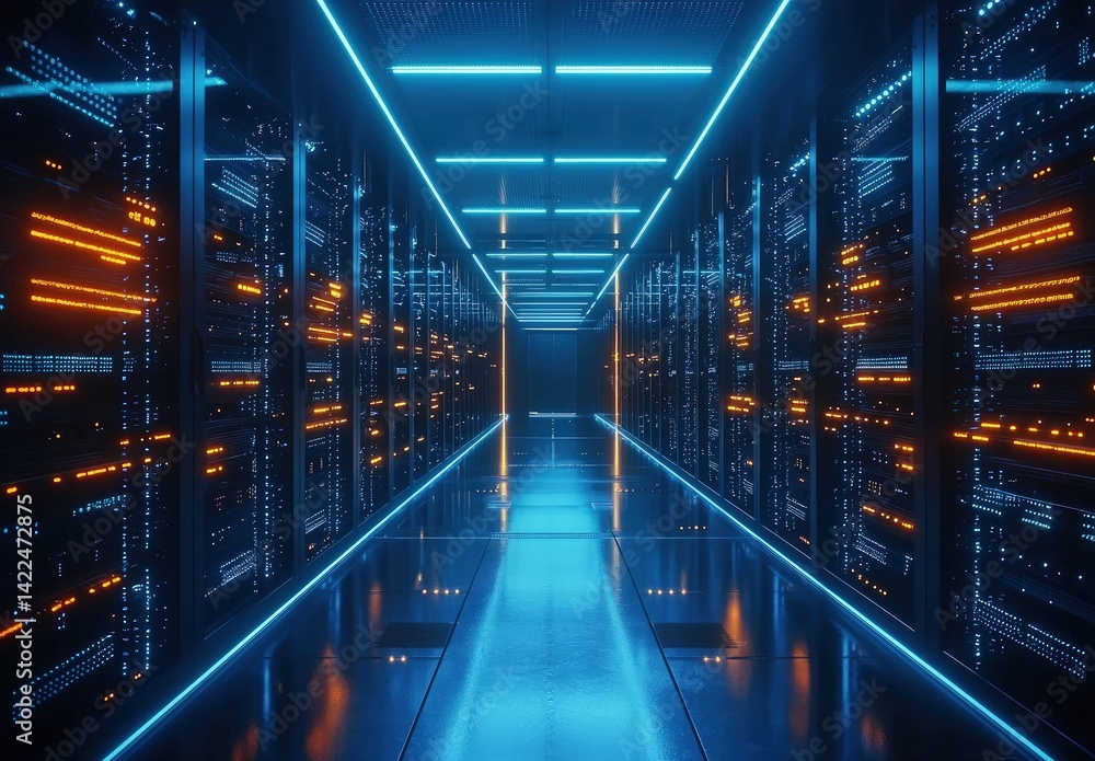 Poster bright, high-tech server hallway with vivid blue and orange lights reflecting on polished floors, sy