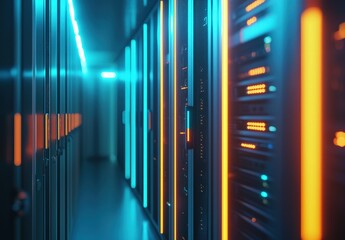 Fototapeta premium Narrow futuristic data center aisle with glowing orange and cyan server racks, symbolizing speed, security, and innovation. Ideal for IT, AI, cloud, and infrastructure visuals