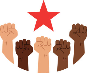 Fototapeta premium Raised fists with red star symbolizing unity and solidarity in diverse skin tones vector illustration 