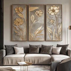 Beautiful interior painting featuring embroidery patterns in warm gray golden and beige colors perfect for modern living spaces and elegant decor