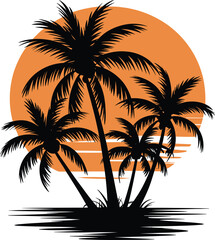 Palm tree silhouette at sunset. The art of the palm on a white background, summer vector.