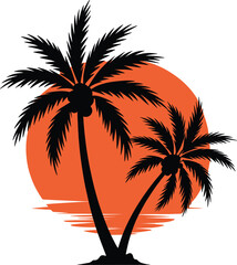 Palm tree silhouette at sunset. The art of the palm on a white background, summer vector.