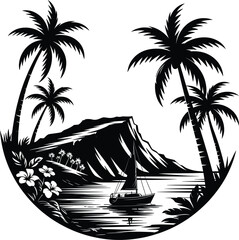 Palm tree silhouette at sunset. The art of the palm on a white background, summer vector.