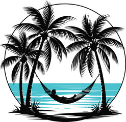 Palm tree silhouette at sunset. The art of the palm on a white background, summer vector.