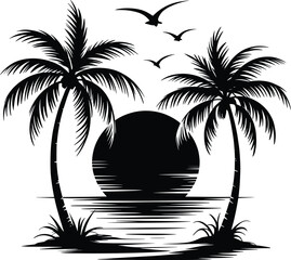 Palm tree silhouette at sunset. The art of the palm on a white background, summer vector.