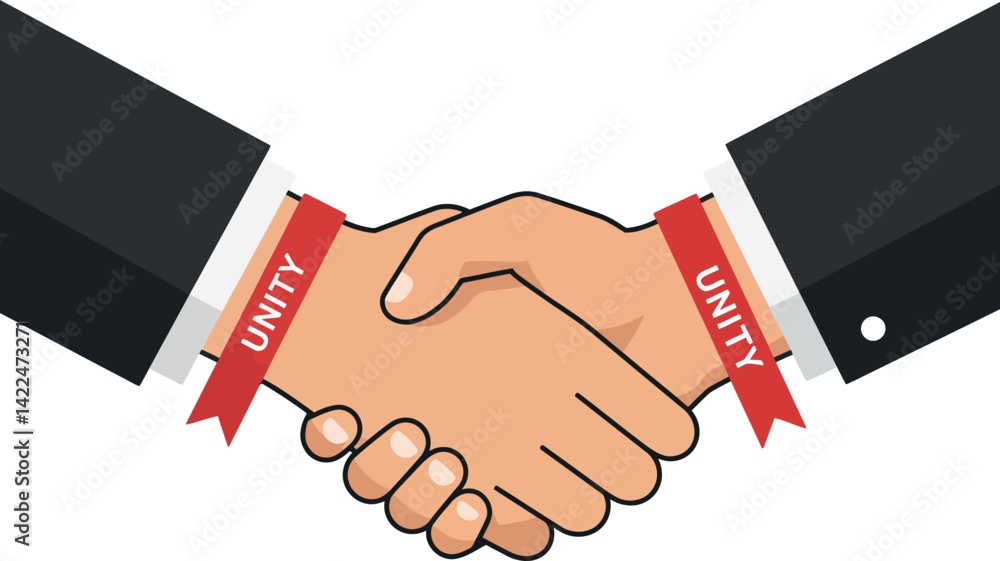 Poster handshake with unity ribbon symbolizing cooperation and agreement vector illustration