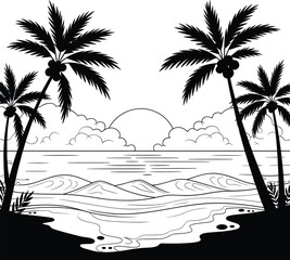 Palm tree silhouette at sunset. The art of the palm on a white background, summer vector.