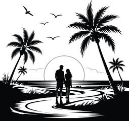 Palm tree silhouette at sunset. The art of the palm on a white background, summer vector.