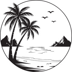 Palm tree silhouette at sunset. The art of the palm on a white background, summer vector.