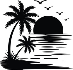 Palm tree silhouette at sunset. The art of the palm on a white background, summer vector.