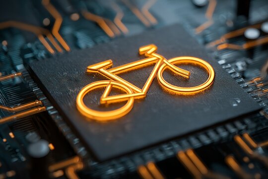 Futuristic bicycle icon on a digital circuit board with neon glow, symbolizing tech in cycling