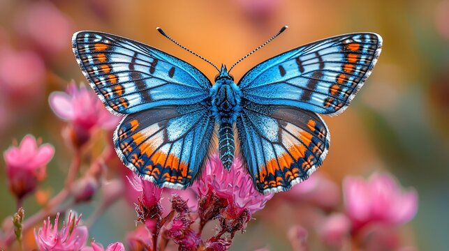 Blue butterfly on pink flowers, garden background, nature photography, ideal for nature publications