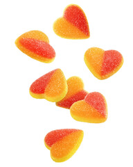 Falling Gummy candy heart, isolated on white background, full depth of field