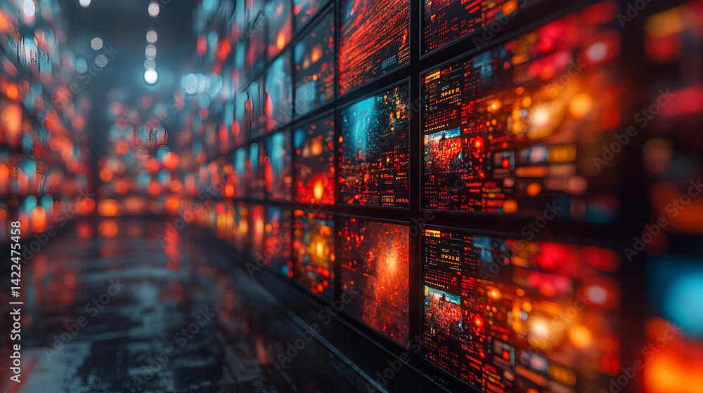 Wall mural digital wall screens red/orange tech background, futuristic data interface.