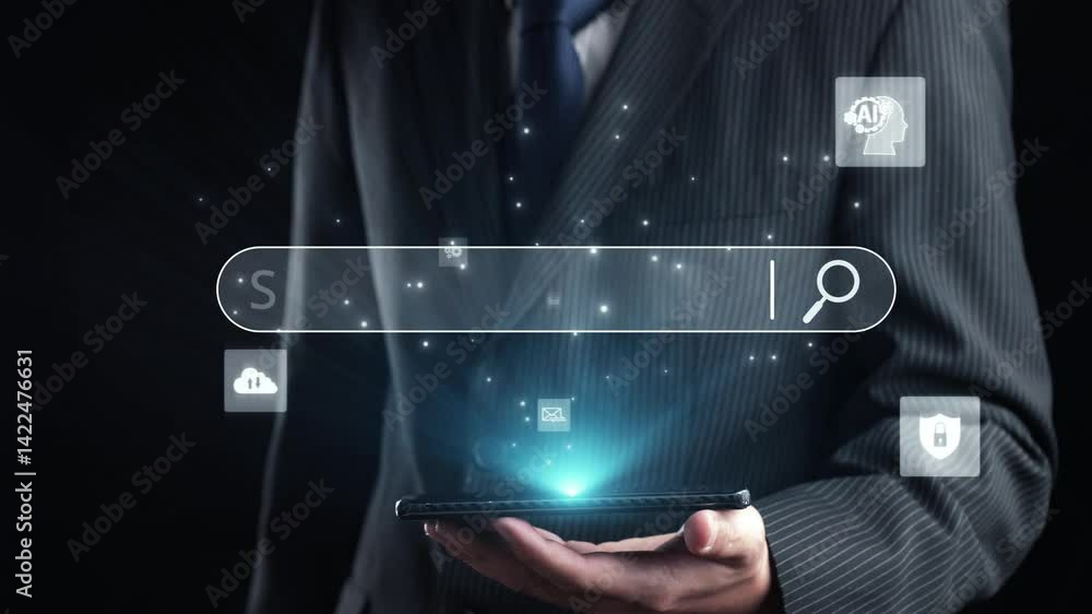 Poster business person conducts search engine research, extracting valuable data for strategic decisions. u