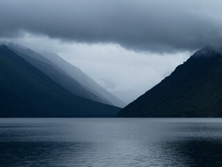 Lake Rotoiti idyllic alpine mountain lake, Southern Alps nature landscape panorama at Saint Arnaud, Nelson Lakes National Park, Tasman New Zealand
