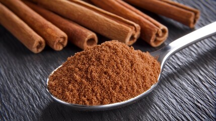 The aromatic cinnamon powder is on a spoon with cinnamon sticks behind it, capturing the essence of warm spices and culinary flavors.