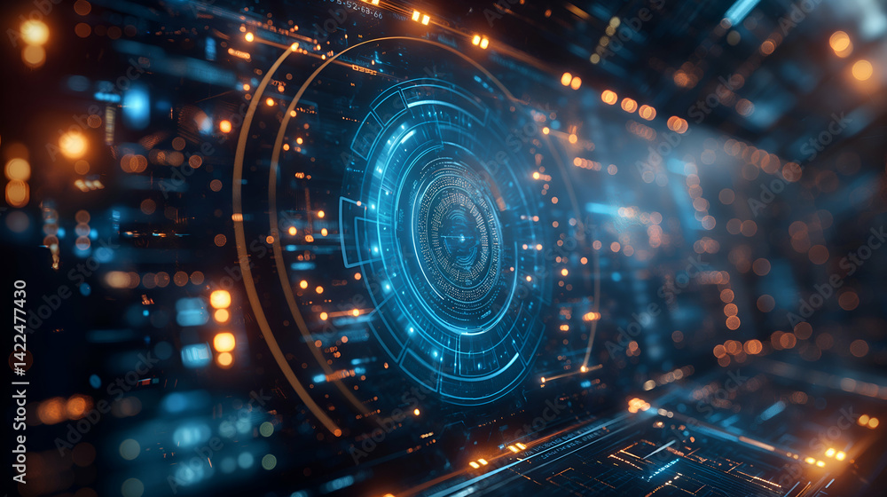 Poster futuristic tech interface blue orange glowing network for data visualization.