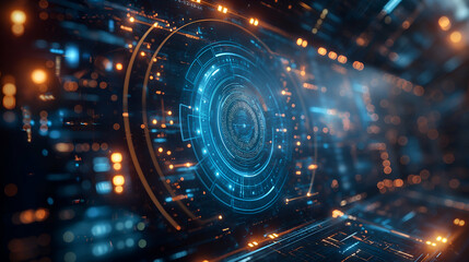 Futuristic Tech Interface Blue Orange Glowing Network for Data Visualization.