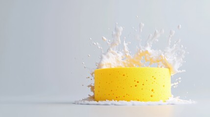 Yellow sponge with a splash of cleaning solution