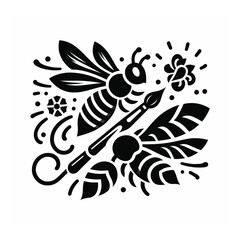 Black and white bee icon silhouette vector art illustration