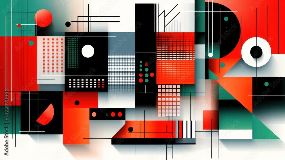 Poster dynamic geometric composition with bold colors and precise lines, abstract art