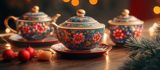 Decorative Tea Set on Wooden Table