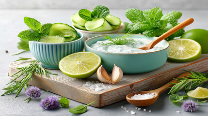 Fresh cucumber and yogurt dip preparation with herbs and lime garnishing on a kitchen countertop