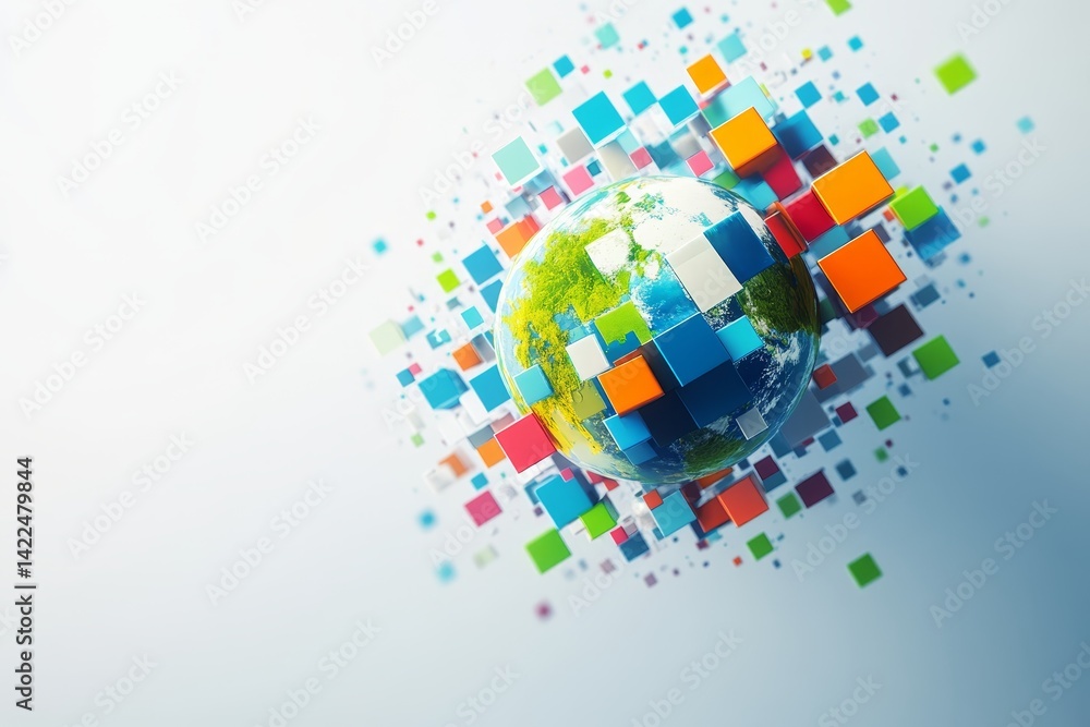 Poster vibrant abstract global network concept featuring earth and colorful blocks on a clean background