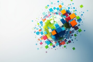Vibrant abstract global network concept featuring earth and colorful blocks on a clean background