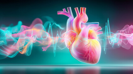Colorful depiction of a heart with waveform in the background representing life and vitality