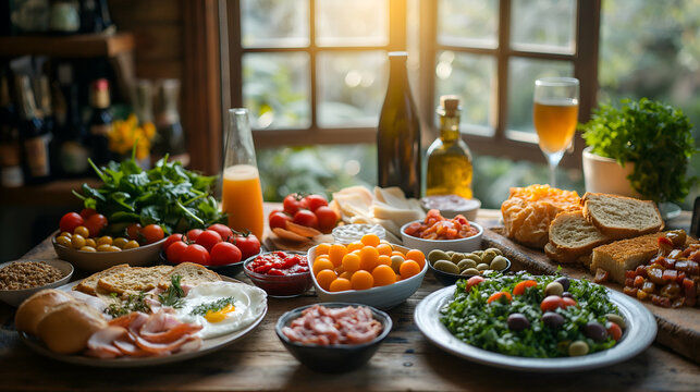 Mediterranean Breakfast Rustic Table with Vibrant Colors, Fresh Morning Ingredients.