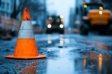 Macro shot of a traffic cone on a wet street with construction machinery and blurred cityscape