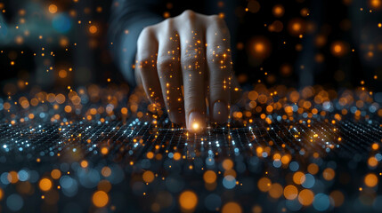 Digital Network Interface Hand Touching Glowing Points, Futuristic Tech Background.