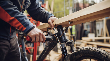 Worker Using a Bicycle Frame to Hold Wood