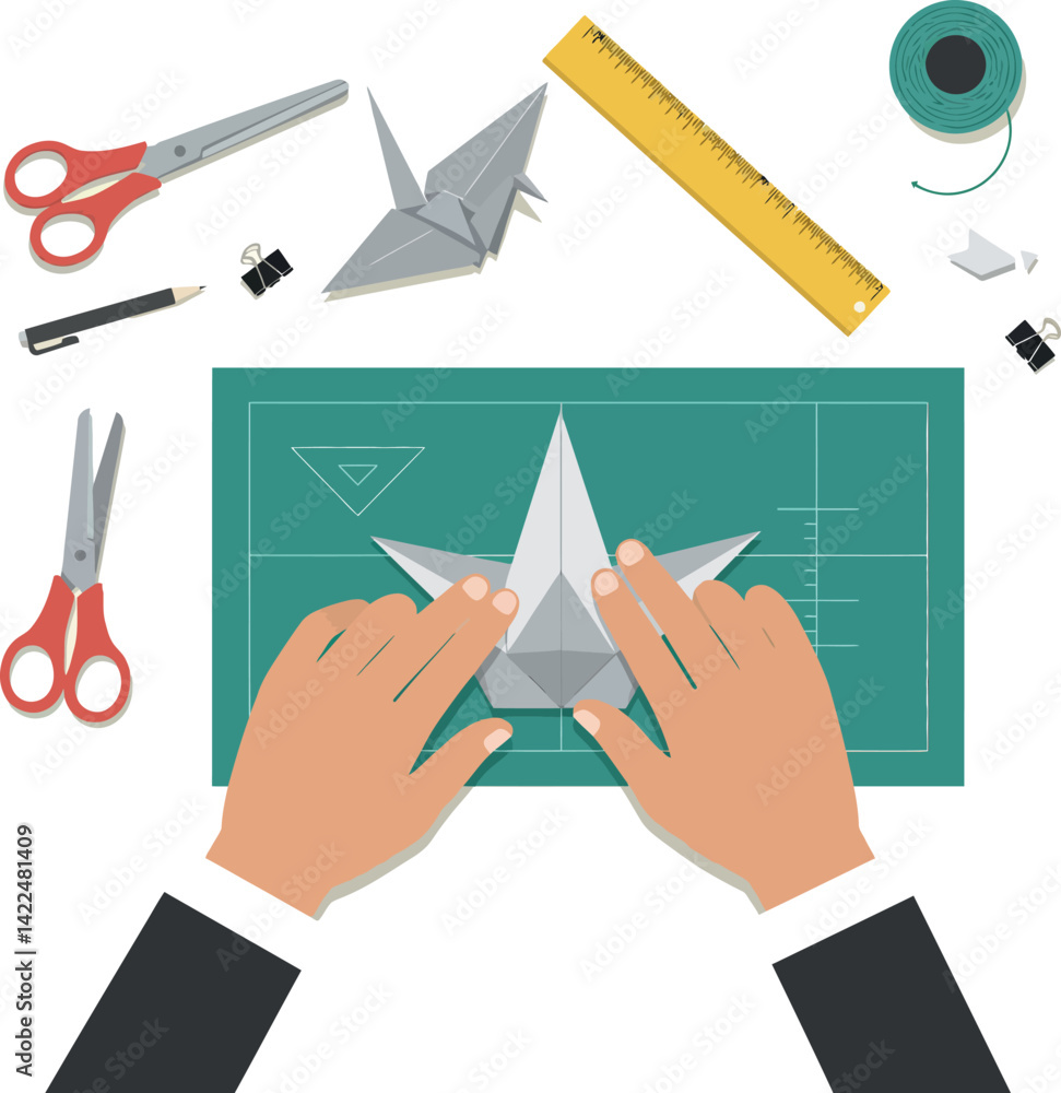Poster Hands Making Origami Crane with Scissors Ruler and Thread Tools for Paper Crafting Vector Illustration 