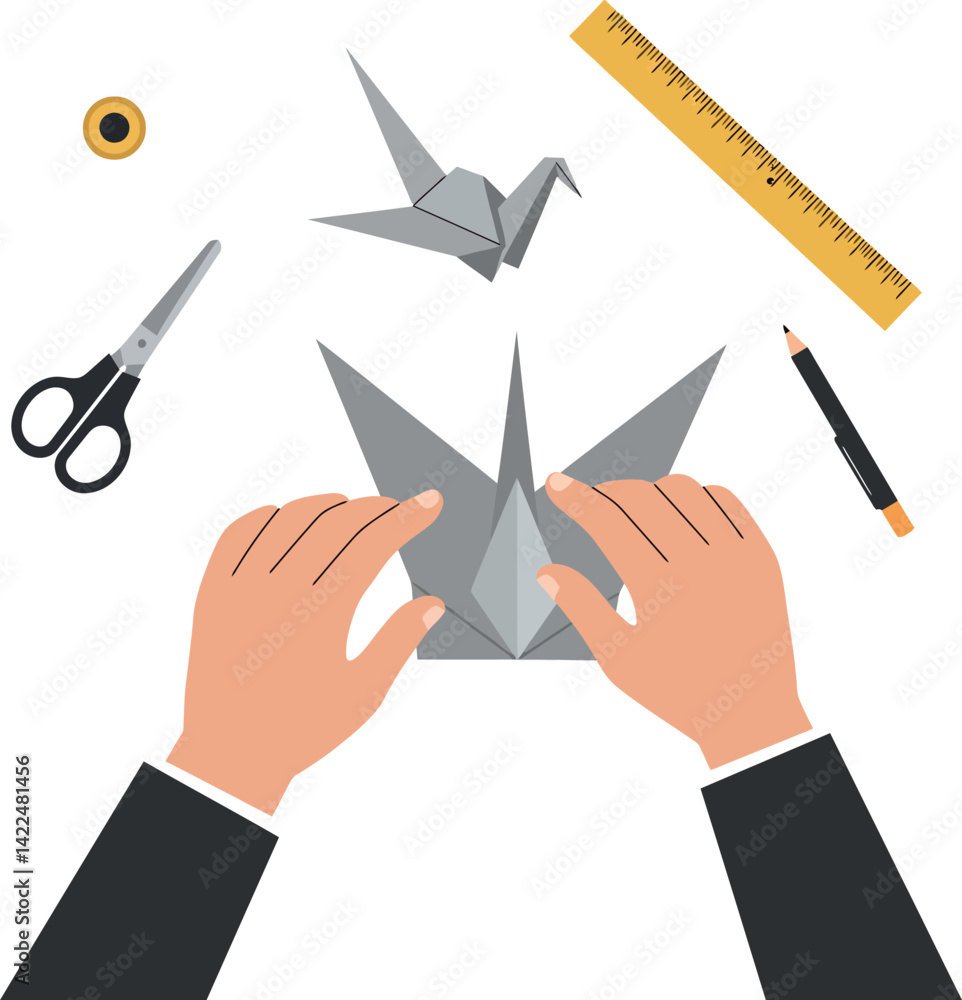 Poster hands creating origami crane with scissors ruler pencil and tape vector illustration