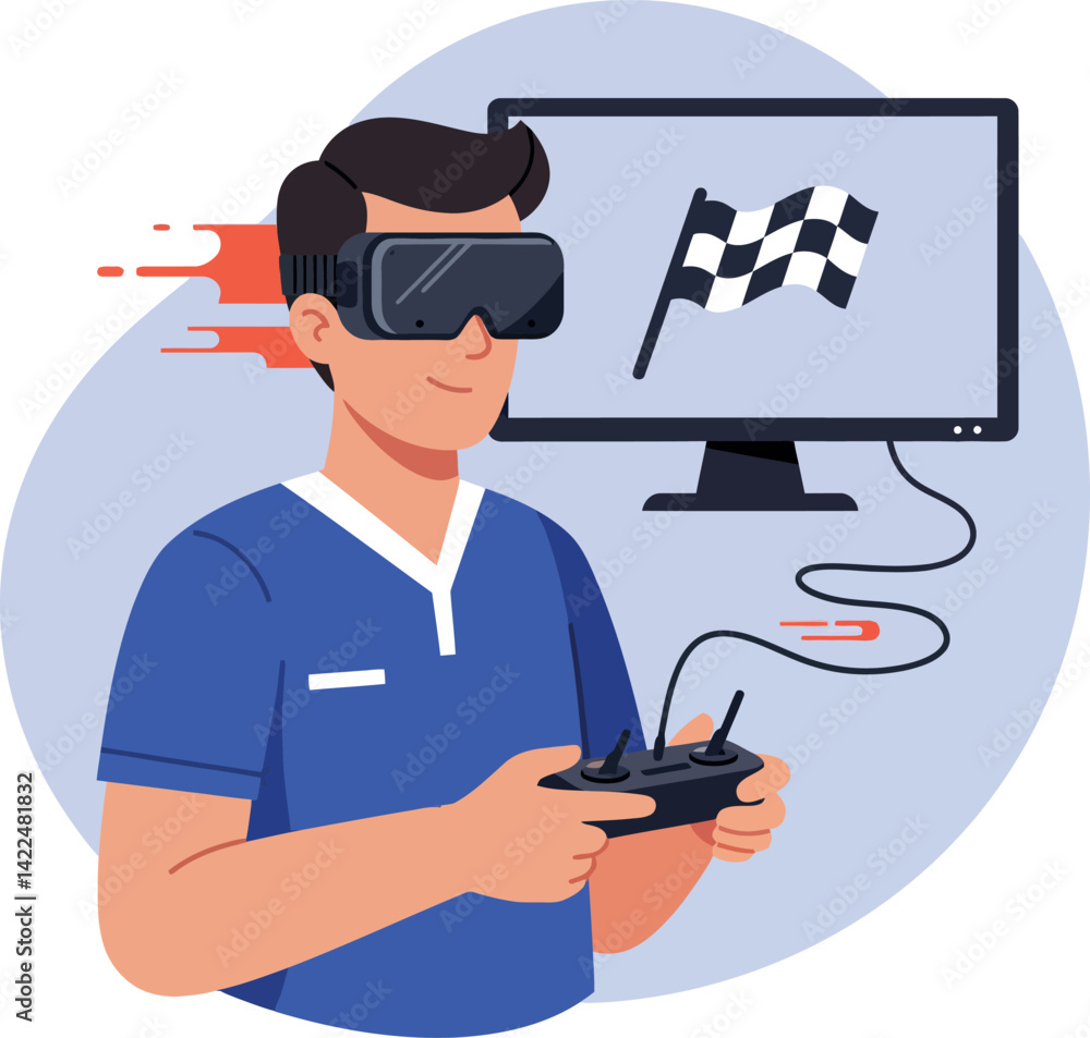 Poster man wearing virtual reality headset controlling drone with remote and checkered flag on screen vecto