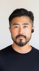 Fototapeta premium Dynamic portrait of a 35-year-old man wearing wireless earbuds