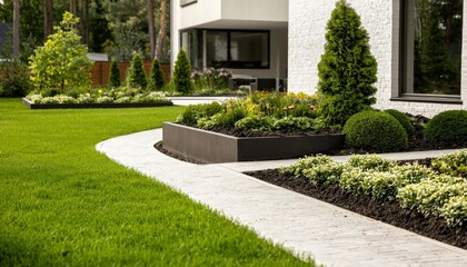 Obraz premium Modern home landscaping with manicured lawn and flower beds
