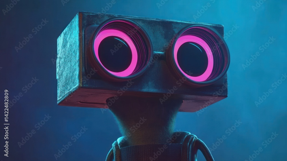 Poster futuristic robot character with glowing eyes in a cyberpunk setting