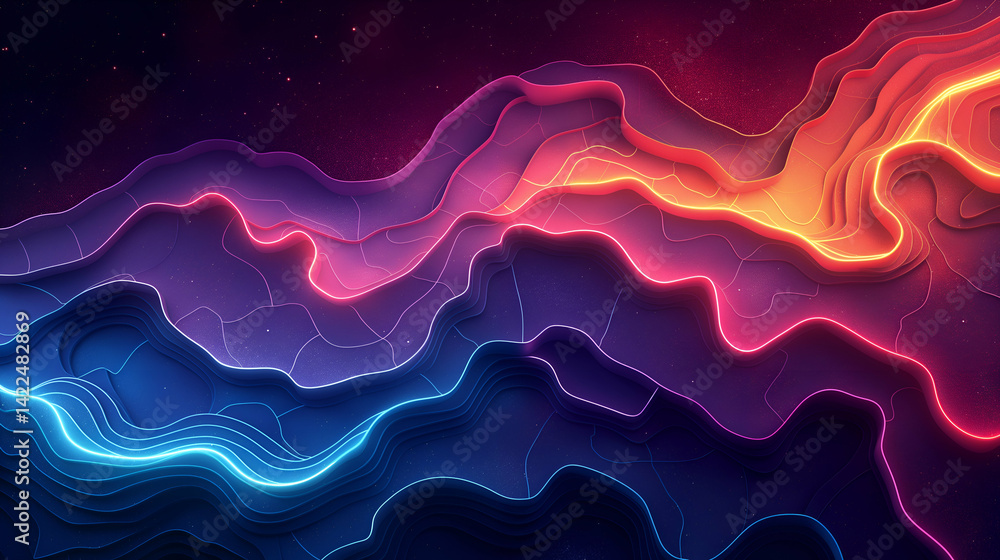 Poster neon wave background vibrant gradient digital art with futuristic tech design elements.