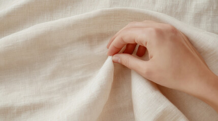 Tranquil moment: close-up of hands on soft linen bedding for comfort and serenity