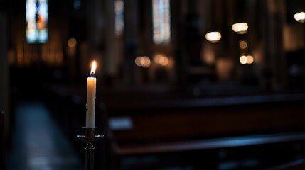 Dimly Lit Church Interior with Candle for Contemplative Atmosphere