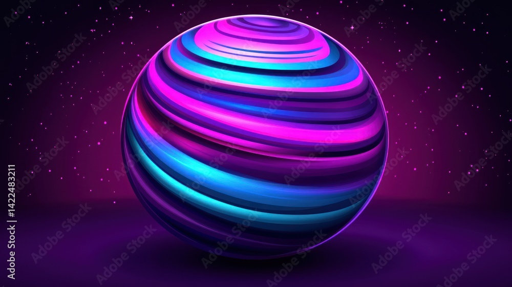 Poster abstract striped sphere on a purple background with sparkling stars. digital rendering of a futurist