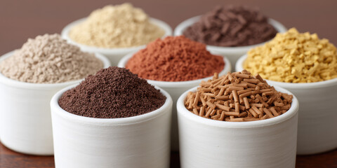 Assorted small white bowls filled with different textured and colored materials; shades of brown, beige, yellow, and red with a wooden surface.  